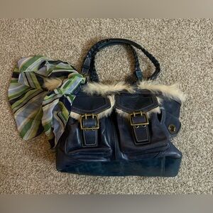 Coach Limited Edition Blue Leather Purse with Fur Trim